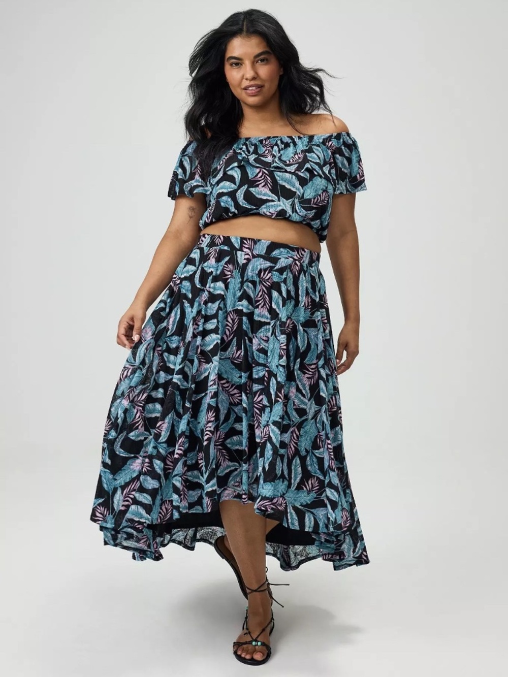 NWT Torrid | Off-Shoulder Hi-Low Skirt Set | Pretty Tropical Multi | 0 L 12/14
